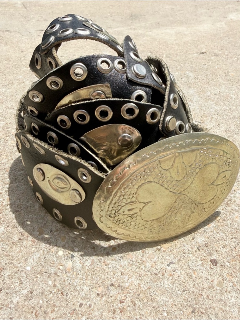 Vintage Boho Black Leather Concho Belt Silver Eyelet Studded Western Festival